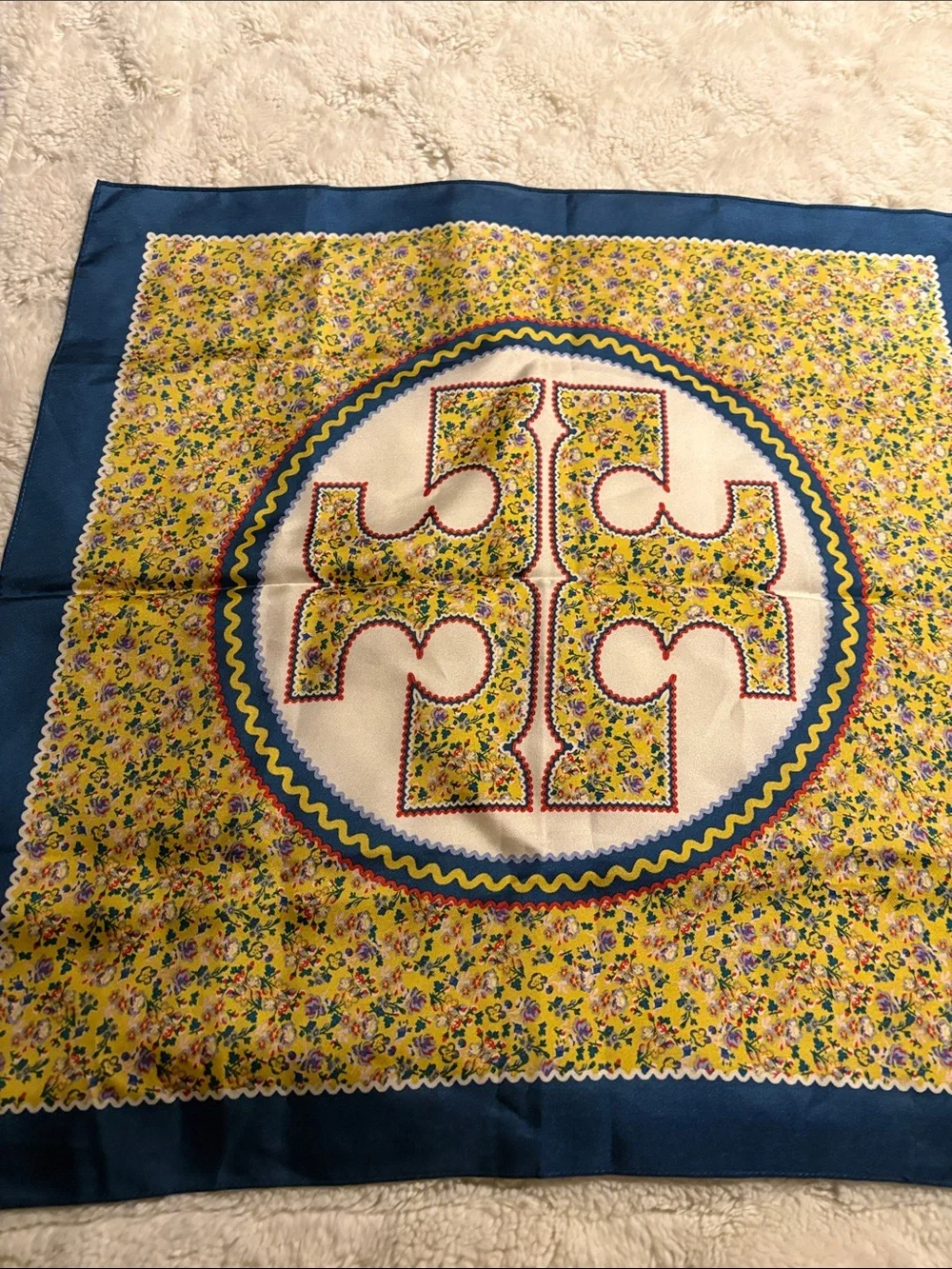 Tory Burch Yellow Floral Logo Silk Scarf with Blue Border